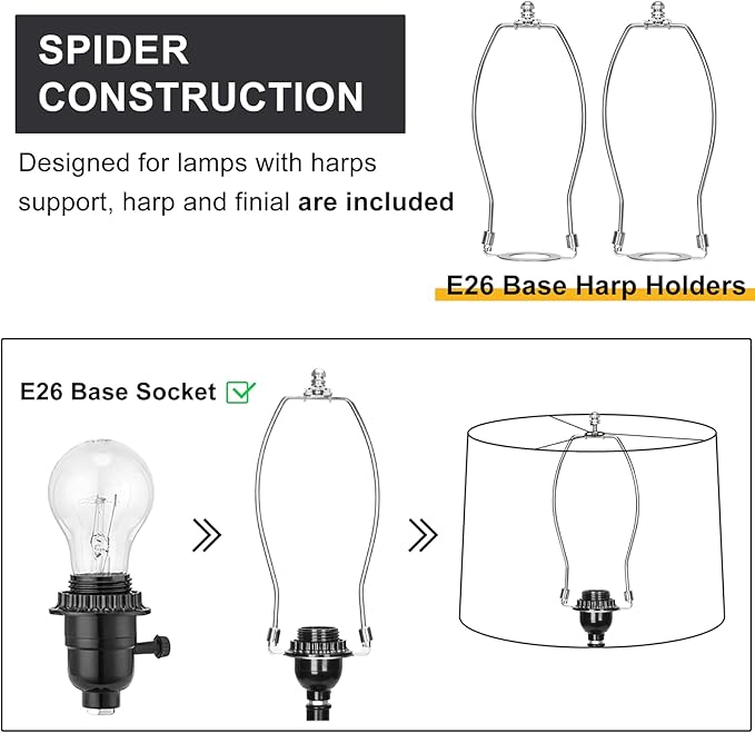 Lampshades Set of 2, Black Fabric Lamp Shades 11.6" Top x 12.6" Bottom x 9.8" High Drum Lampshades for Table Lamps, Floor Lamps, Pendant Light, E26 Base Harp Holders Included