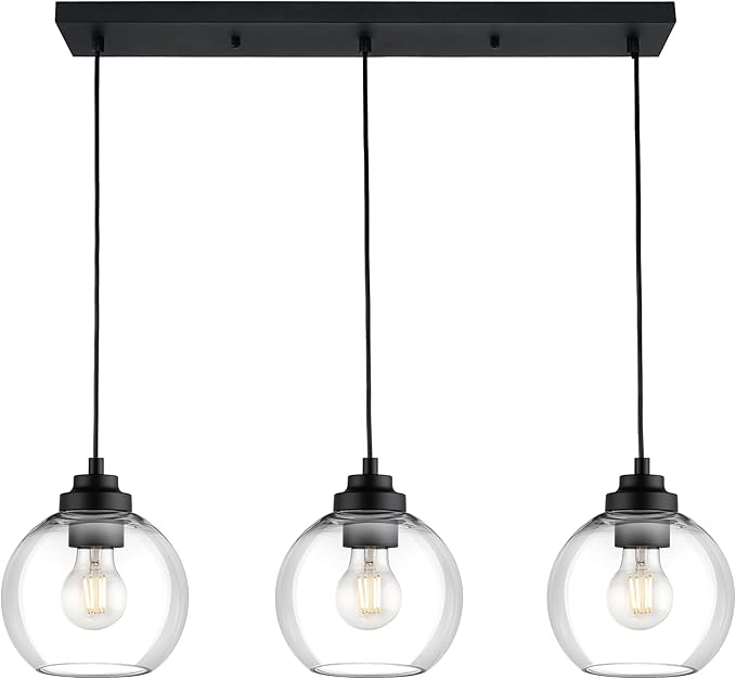 Black Island Light, 3-Light Linear Chandelier with Clear Glass, Globe Pendant Light Fixture for Dining Room Kitchen Island Living Room Pool Table, ZCPL101BK-3S