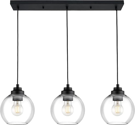 Black Island Light, 3-Light Linear Chandelier with Clear Glass, Globe Pendant Light Fixture for Dining Room Kitchen Island Living Room Pool Table, ZCPL101BK-3S