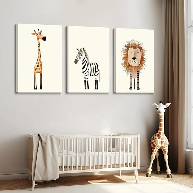 Safari Nursery Wall Art Baby Animal Canvas Wall Decor Cute Giraffe Lion Zebra Jungle Pictures Prints Posters for Baby Boy Girl Children's Room Bedroom Home Decorations 12x16inx3 Framed