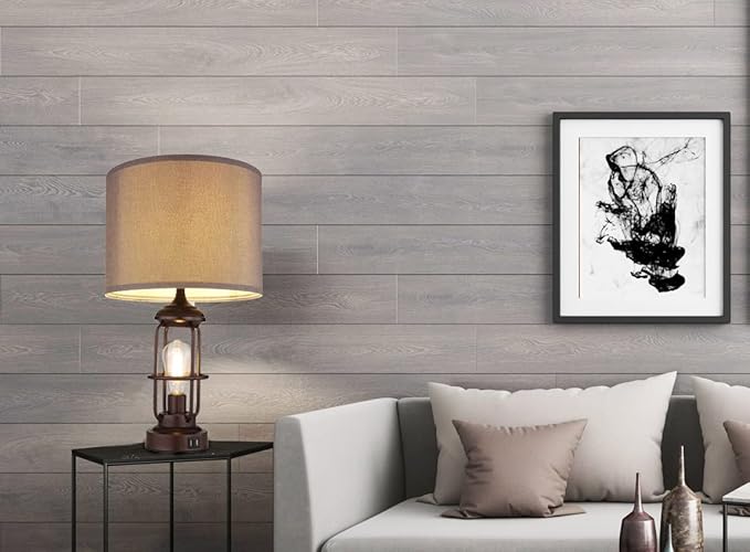 Drum Lampshades Set of 2, Natural Linen Lampshade 13" x 13" x 10" High, Easy Assembly Replacement Fabric Lampshades for Table Lamps Floor Lamps, Gary Color, Spider Fitter