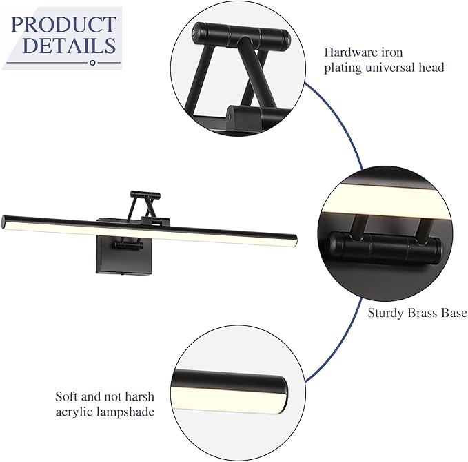 Joossnwell Picture Light for Painting Black Art Light Hard-Wired Picture Frame Light 23.62 Inch Dimmable Gallery Wall Light with Adjustable Swing Arm for Painting Library Museum Warm White