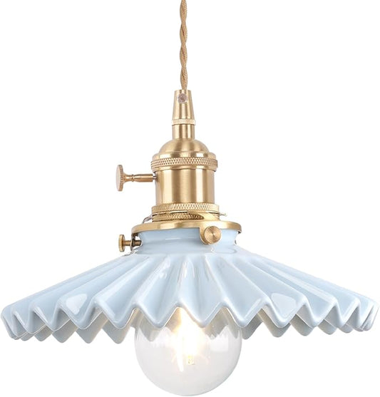 Pendant Light with Blue Pleated Ceramic Lmapshade, Brass Vintage Pendant Light Adjustable Hanging Light for Kitchen Island Dining Room Hallway