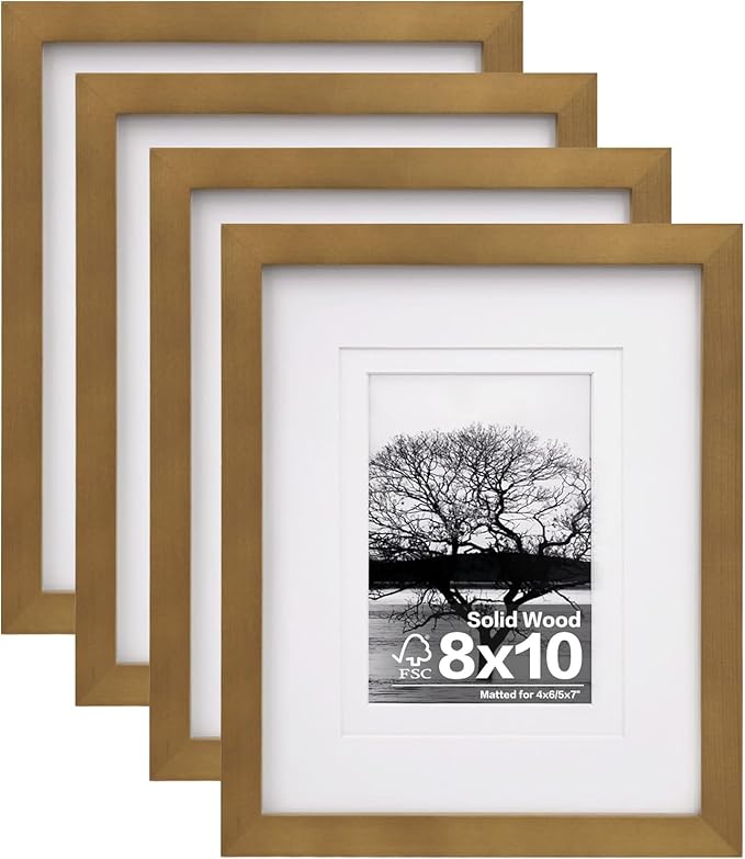 Egofine 8x10 Picture Frames 4 Pack, for Pictures 4x6 or 5x7 with Mat Made of Solid Wood Covered by Plexiglass for Table Top Display and Wall Mounting Photo Frames, Light Brown