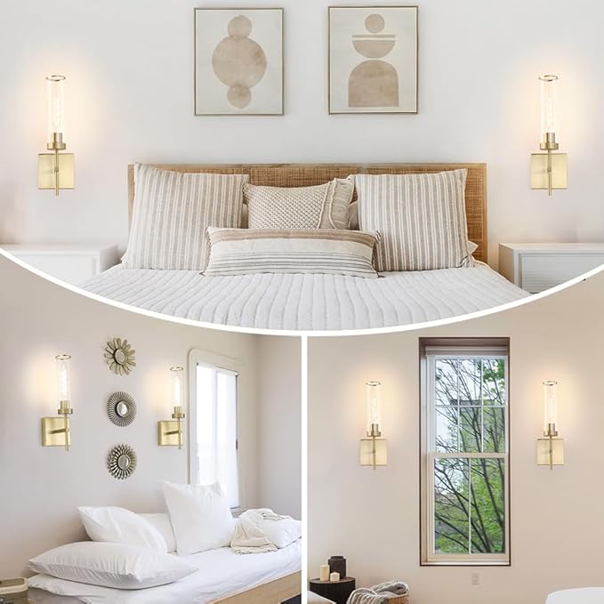 Gold Battery Operated Wall Sconce Set of 2, USB Rechargeable Wall Light with Remote Control, Brass Wireless Vanity Light Fixture with Bulbs(DC 5V), Glass Dimmable Sconce for Living Room Mirror Bedroom