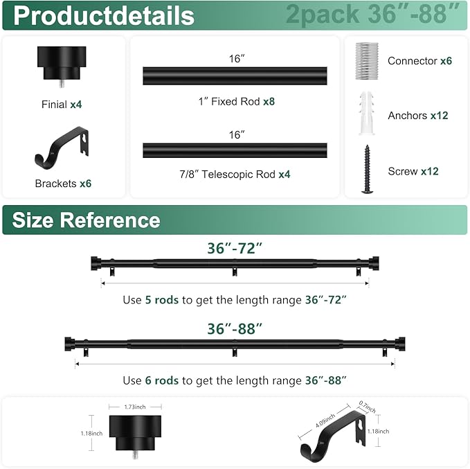 HEI! DEAR 2 Pack Black Curtain Rods 48 to 84 Inch(4-7FT),1 Inch Heavy Duty Curtain Rods,Adjustable Curtain Rod Set,Modern Decorative Drapery Rods,Telescoping Window Curtains Rods 36-88",Matte Black