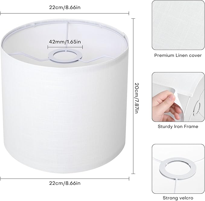 White Linen Small Drum Lampshade, 8.66" Top x 8.66" Bottom x 7.87" High Lamp Shade, Lamp Shade Replacement for Table and Floor Lamps, Pendant Light，Handcrafted Lampshade，Easy Assembly
