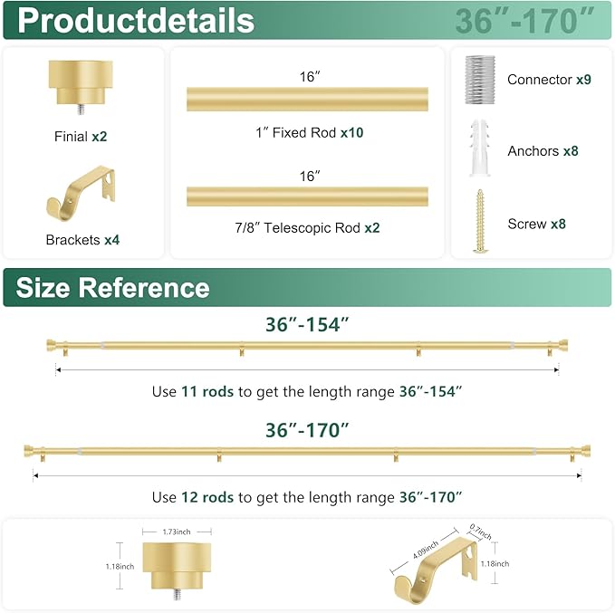 Extra Long Curtain Rods 120 to 170 Inch(10-14ft),1Inch Gold Adjustable Extra Long Curtain Rod,Heavy Duty,Decorative Window Curtains Rods for Bedroom,120-170