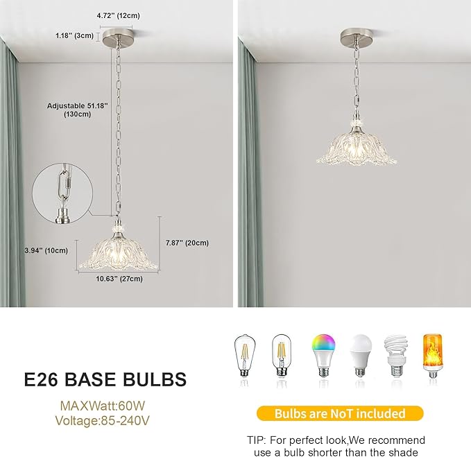 1 Piece Brushed Nickel Chandelier Light Fixtures with Crystal Glass Shade,Brushed Nickel Finish Pendant Light,Hanging Light for Dining Room,Hallway,Living Room,Bedroom