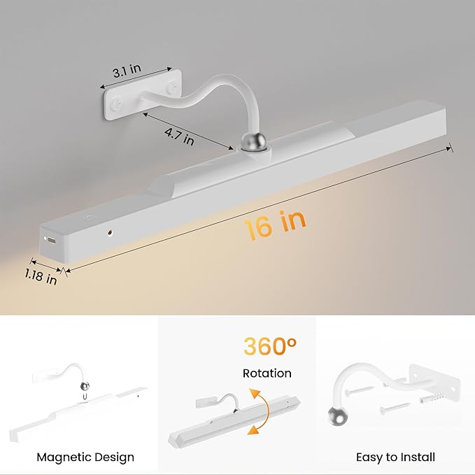 4 Pack White Cordless Picture Lights for Picture, Gallery Light Battery Powered – 350LM, Dimmable, 3 Color Temps, CRI 95+ Art Light for Wall Artworks, Photos, Painting, Frame, Portrait, Dartboard