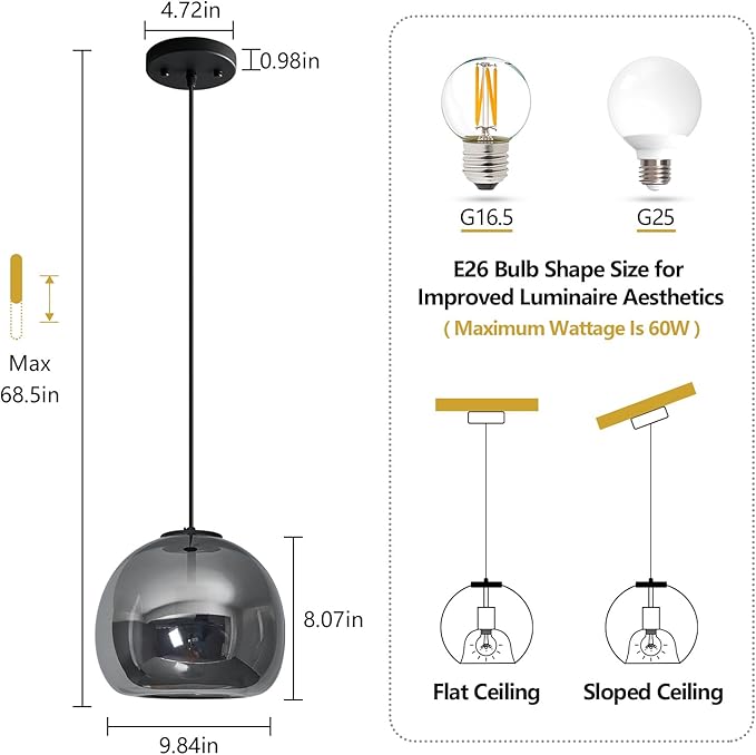 1-Light Mirror Gray Glass Pendant Lights Kitchen Island Black Hanging Light Fixture 9.84" Glass Globe Pendant Light Modern Pendant Lighting for Kitchen Island Bedroom Dining Room