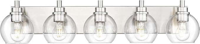 Bathroom Light Fixtures, 5 Light Brushed Nickel Vanity Light, 32 Inch Modern Wall Sconces with Globe Clear Glass Shade, Vanity Lighting Fixtures Over Mirror, VL195-BN-CL-5
