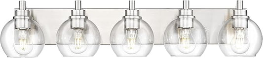 Bathroom Light Fixtures, 5 Light Brushed Nickel Vanity Light, 32 Inch Modern Wall Sconces with Globe Clear Glass Shade, Vanity Lighting Fixtures Over Mirror, VL195-BN-CL-5