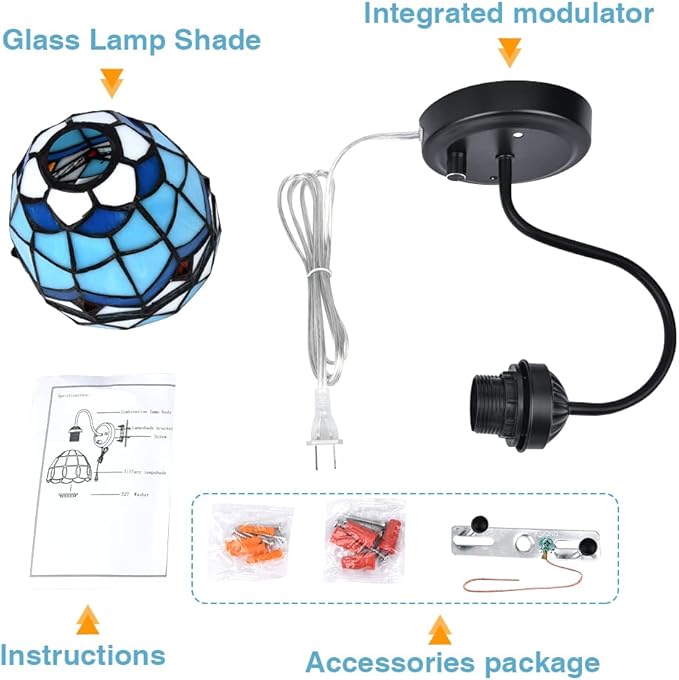 Tiffany Bedside Wall Mount Lamp with Dimmable Switch, Industrial Vintage Gooseneck Wall Sconce with Plug in Cord, Wavy Blue Stained Glass Shade Wall Light Perfect for Bedroom, Living Room