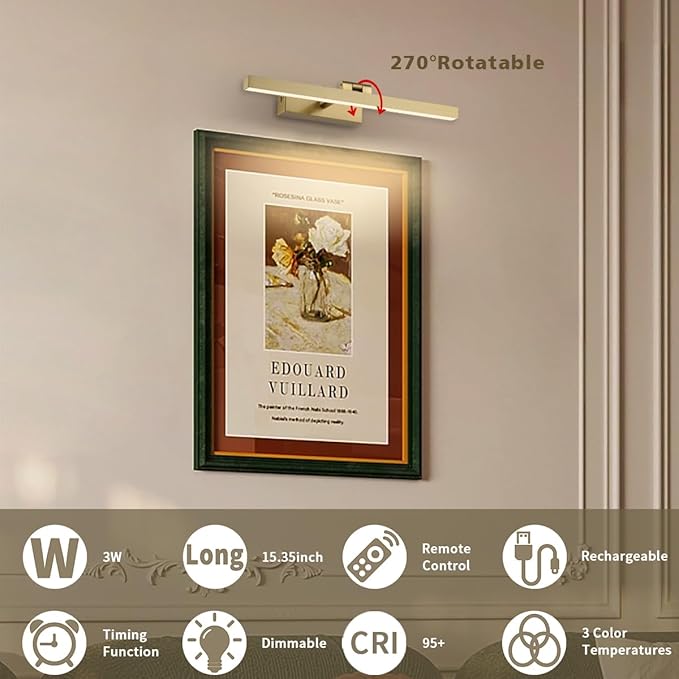 Joosenhouse Battery Operated Picture Light Wireless Gallery Light with Remote Control Rechargeable Wall Lights Brass 15.35" Dimmable and Timed Off Wall Sconce Light