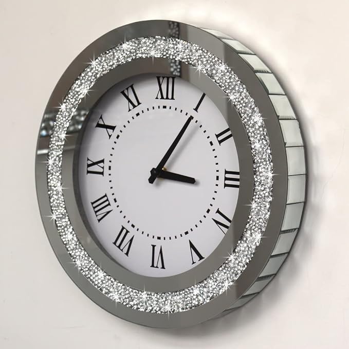 Silver Round Mirror Clock 12inch Crystal Sparkle Twinkle Bling Crush Diamond Mirrored Wall Clock for Wall Decoration Silver Glass Mirror Home Decor. AA Battery is not Included.