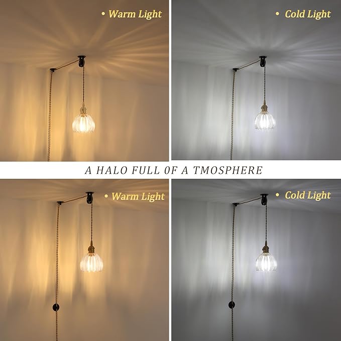 Mini Plug in Pendant Light Hanging Light Fixture Corded On/Off Switch Brass Pendant Light with Clear Tulip Glass Lampshade for Bedroom Living Room Kitchen Island