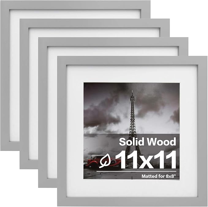 Egofine 11x11 Picture Frames 4 Pack, Display Pictures 4x4 or 8x8 with Mat or 11x11 Without Mat Made of Solid Wood Covered by Plexiglass for Table Top Display and Wall Mounting Photo Frame, Light Gray