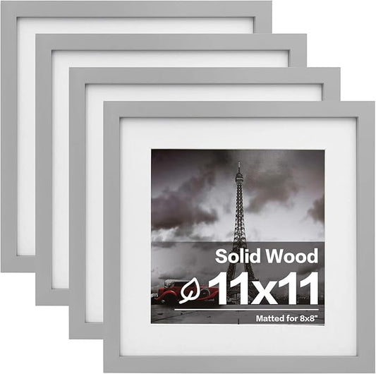 Egofine 11x11 Picture Frames 4 Pack, Display Pictures 4x4 or 8x8 with Mat or 11x11 Without Mat Made of Solid Wood Covered by Plexiglass for Table Top Display and Wall Mounting Photo Frame, Light Gray