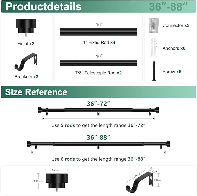 hei! dear Black Curtain Rods 36-88" Matte Black, 1" Diameter, Heavy Duty, Adjustable, Modern Decorative, Telescoping, Wall Mounted