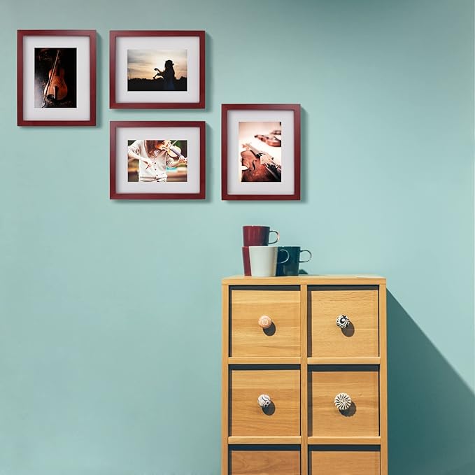 Egofine 8x10 Picture Frames 4 Pack - Wood Frames Covered by Plexiglass for Pictures 4x6 or 5x7 with Mat or 8x10 Without Mat, Photo Frames for Table Top and Wall Display, Cherry Red