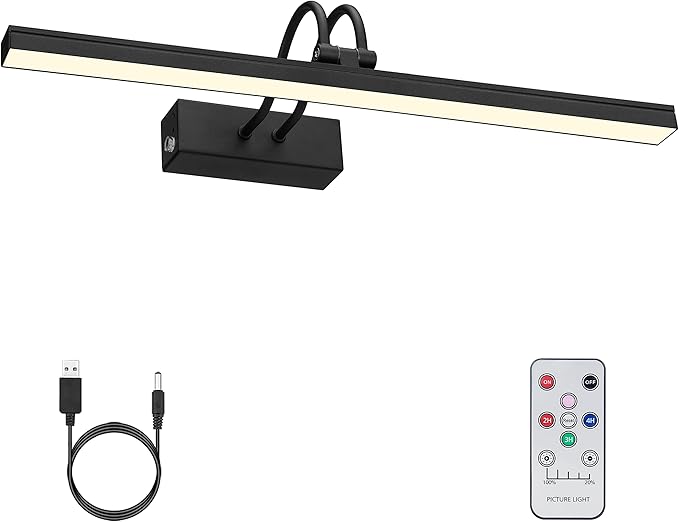 FUNCHDAY Picture Light, Wireless Rechargeable Gallery Light with Remote, 280LM Dimmable Painting Art Lighting Battery Operated, 16" Metal Picture Lights for Wall Art,Paintings,Mirror (Black)