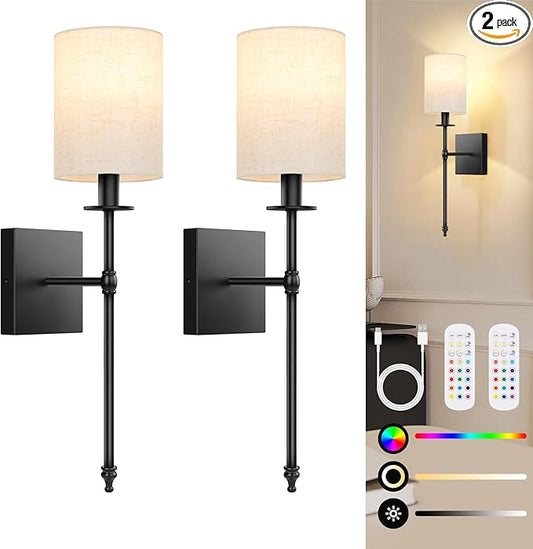 19.9 inch Battery Operated Wall Sconces Set of 2 with Remote, Rechargeable Wireless Wall Lights with Beige Fabric Shade, Indoor Not Hardwired Dimmable for Bedroom Living Room Decor
