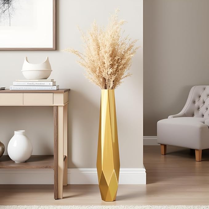 Tall Vases - 27.5" Tall Floor Vase for Home Decor, Resin Floor Vase with Handmade Dimensional Geometric Style, Fits Into Hay/Pampas Grass, Boho Living Room Decor (Gold)