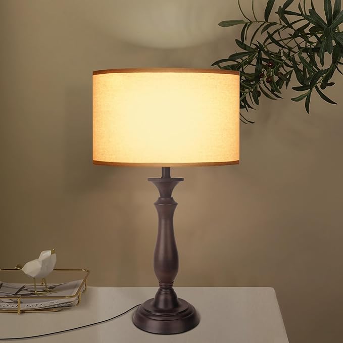 22.2“ Vintage Desk Lamp for Living Room, Mid Century Table Lamp for Bedroom, Bedside Lamps for Night Stands,Reading Lamp for Bedroom Office Room,Beige Lampshade (Dark Brown)