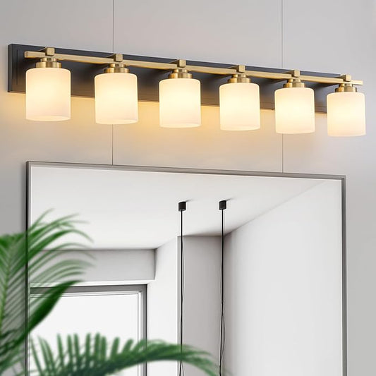 6 Light Modern Bathroom Light Fixtures Over Mirror, Black Gold Vanity Lights for Bathroom Wall Sconces with Milky White Glass Shades, E26 Socket (Bulbs Not Included)