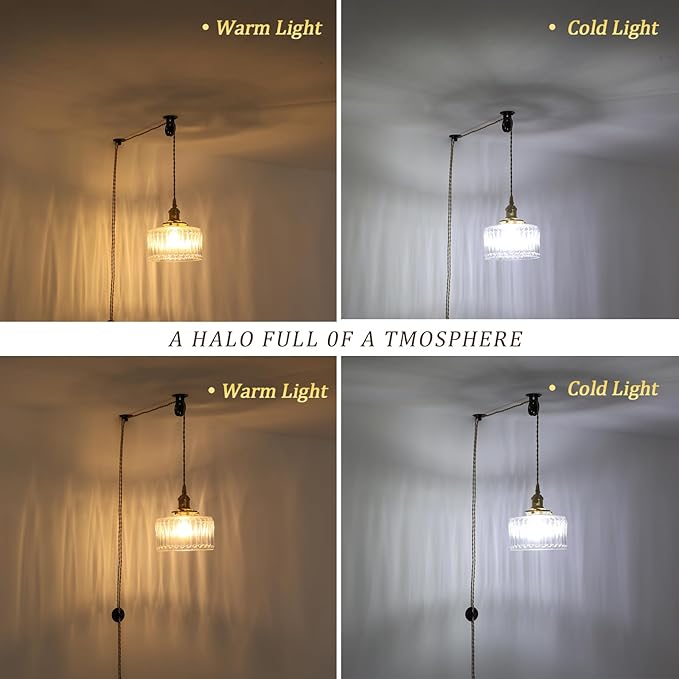 Plug in Pendant Light Hanging Light Fixture Corded On/Off Switch Brass Pendant Light with Clear Striped Glass Lampshade for Bedroom Living Room Kitchen Island