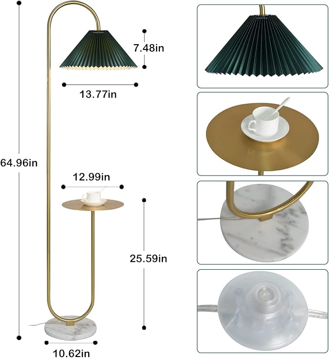 beaysyty Modern Elegant with Tray Floor Lamp for Office Cafe Den Living Room Bedroom, Foot Switch and Brass/Gold Finish,Dark Green Pleated Cloth Lampshade