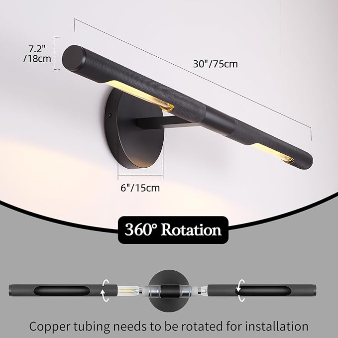 Hardwired Black Brass 30" Knurled Picture Light, Dimmable Rotatable 360°Picture Light for Wall, Vanity Light, Gallery Wall Light,Wall Sconce Lighting,Picture Frame Light,Include Bulb