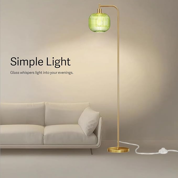 Glass Floor Lamp,67" Modern Standing Lamp with Green Ribbed Glass Lampshade Metal Pole for Living Room, Bedroom, Office - Heavy Base,Pedal Switch(Include E26 Bulb)