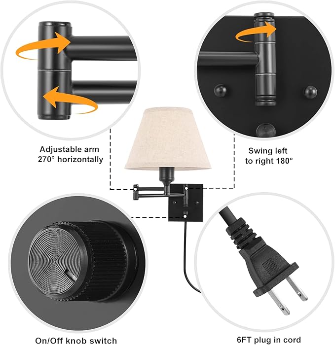 TRLIFE Wall Sconce with Remote Control, Dimming 10%-100% and Adjustable Color Temperature 2700K-6500K Swing Arm Wall Lights with Plug in Cord, 9.4" Medium Beige Fabric Shade(2 Pack, 2 Bulbs Included)