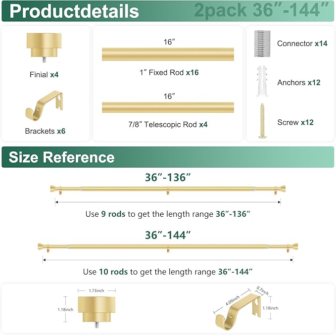 HEI! DEAR 2 Pack Gold Curtain Rods 72 to 144 Inch(6-12ft),1 Inch Heavy Duty Adjustable Curtain Rod for Windows 66 to 120 Inch,Modern Decorative Drapery Poles,Gold