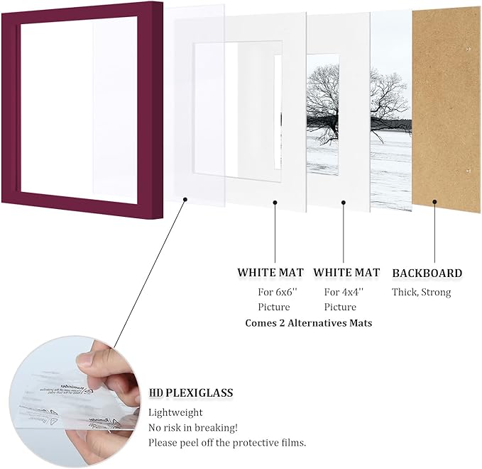 Egofine 8x8 Picture Frames 4 Pack for Picture 4x4 with Mat or 8x8 whitout Mat Made of Solid Wood Covered by Plexiglass for Table Top Display and Wall Mounting Photo Frame, Cherry Red
