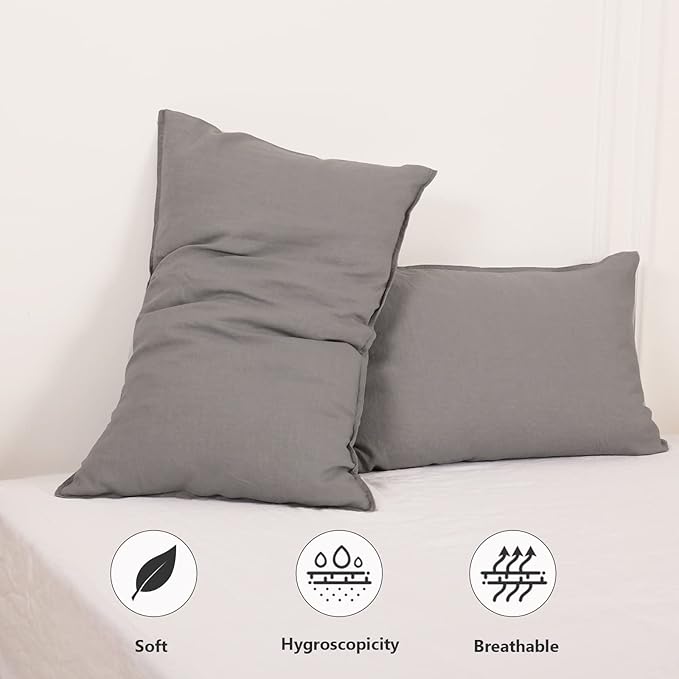 Simple&Opulence 100% Linen Pillowcases Basic Style Solid Color Set of 2, Queen Size Stone Washed Flax Pillow Cover Envelope Closure (20''x30'', Ultimate Grey)