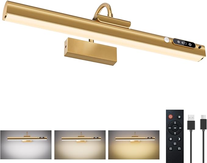 15.7'' Picture Lights for Wall with Motion Sensor, 9000mAh Rechargeable Battery Operated Poster Lights for Paintings, Portraits, Wall Decor, Gold