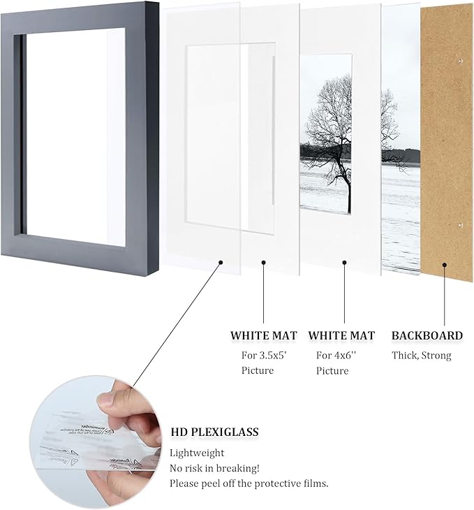 Egofine 4x6 Picture Frames Set of 4 Covered by Plexiglass - Made of Solid Wood for Table Top Display and Wall Mounting photo frame Dark Grey