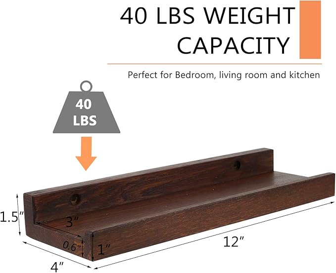 12 Inch Floating Shelves Wall Mounted, Rustic Wall Shelves for Decor and Storage, Solid Walnut Wood Shelf, Picture Ledge for Bedroom/Bathroom/Living Room/Kitchen, Walnut Color, 12*4*1.5 (1 Pack)