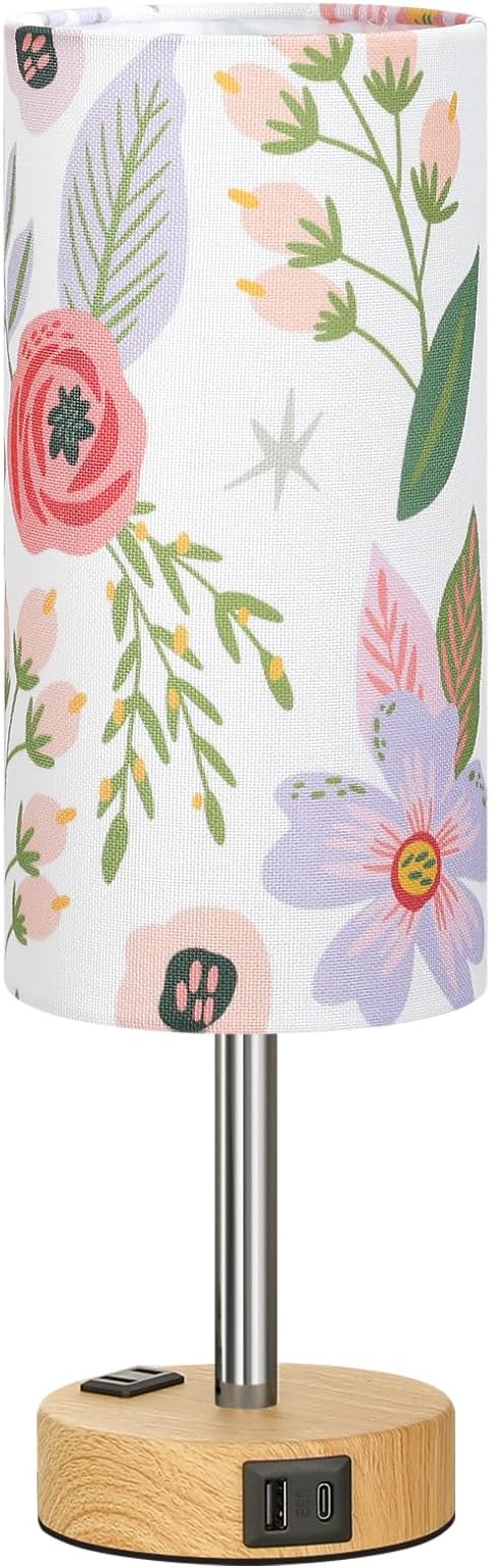 Floral Touch Lamp for Bedroom- 3 Way Dimmable Bedside Lamp USB C A Charging Ports and AC Outlet, Small Table Lamp Floral Linen Lampshade for Gift, LED Bulb Included