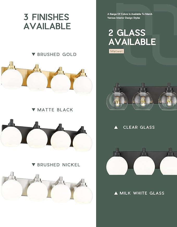 Bathroom Light Fixtures, 4 Light Matte Black Vanity Light, 26 Inch Modern Wall Sconces with Globe Milk White Glass Shade, Vanity Lighting Fixtures Over Mirror, VL195-MB-ML-4