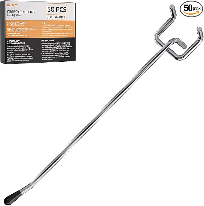 INCLY 50 Pack Pegboard Hooks, 6 Inch Metal Peg Board Shelving Hooks Accessories, Peg Board Tool Hangers Fit for 1/8“ and 1/4" Pegboard Hanging Tools for Garage, Craft Room, Kitchen, Store