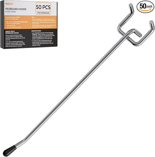INCLY 50 Pack Pegboard Hooks, 6 Inch Metal Peg Board Shelving Hooks Accessories, Peg Board Tool Hangers Fit for 1/8“ and 1/4" Pegboard Hanging Tools for Garage, Craft Room, Kitchen, Store