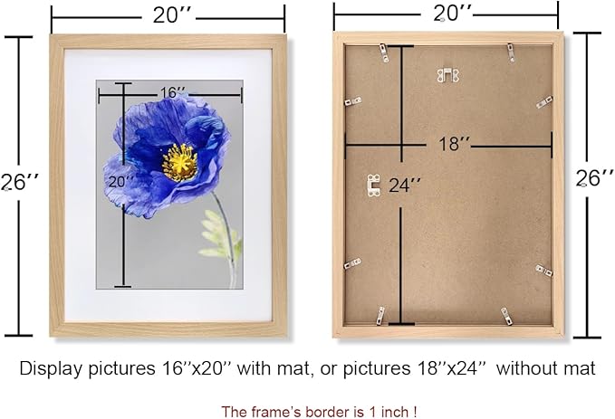 VNVNK 18x24 Frame Natural Wood Color Picture frame-1 PCS, Perfect for 18x24 Inch Picture without Mat or 16x20 Inch Picture with Mat, Home Wall Decor Picture Frame