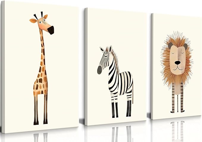 Safari Nursery Wall Art Baby Animal Canvas Wall Decor Cute Giraffe Lion Zebra Jungle Pictures Prints Posters for Baby Boy Girl Children's Room Bedroom Home Decorations 12x16inx3 Framed
