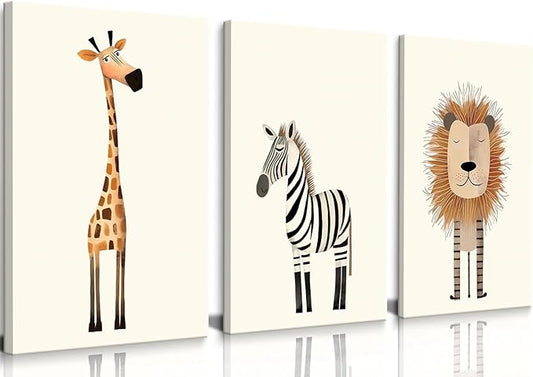 Safari Nursery Wall Art Baby Animal Canvas Wall Decor Cute Giraffe Lion Zebra Jungle Pictures Prints Posters for Baby Boy Girl Children's Room Bedroom Home Decorations 12x16inx3 Framed