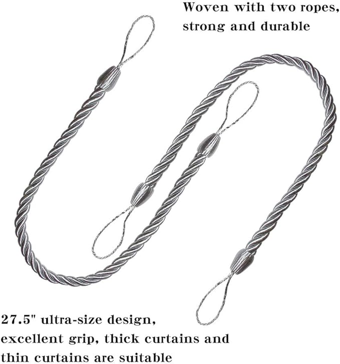 BEL AVENIR Curtain Ropes Tiebacks Tie-Backs, Curtain Handmade Holdbacks with 2 Metal Screw Hooks - Silver 2 Pack