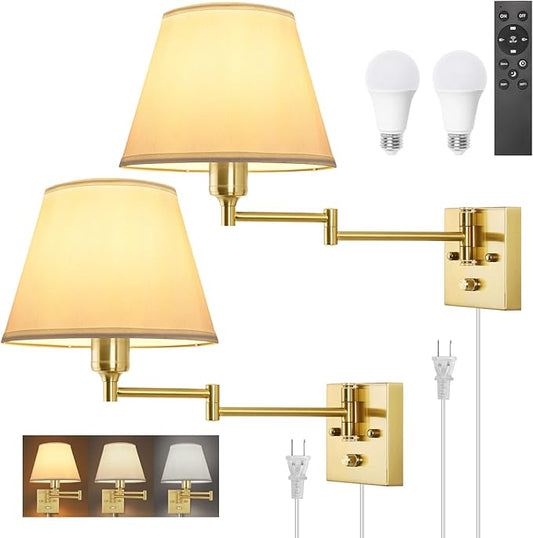 TRLIFE Dimmable Wall Sconce, Remote Control Dimming 10-100% and Adjustable Color Temperature 2700K-6500K Brushed Brass Swing Arm Wall Lights with Plug in Cord, 9.4" Medium White Shade(2 Pack, 2 Bulbs)